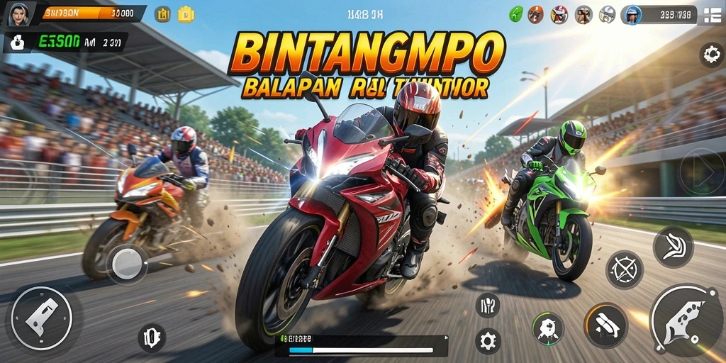 Tangkapan layar gameplay BINTANGMPO menampilkan aksi balapan motor yang mendebarkan.