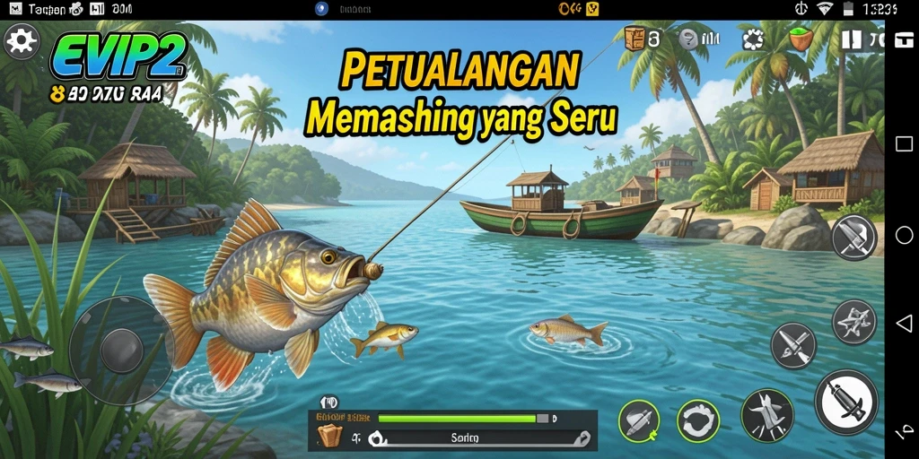 Tampilan gameplay EVIP2 yang menarik saat memancing di lokasi yang indah.
