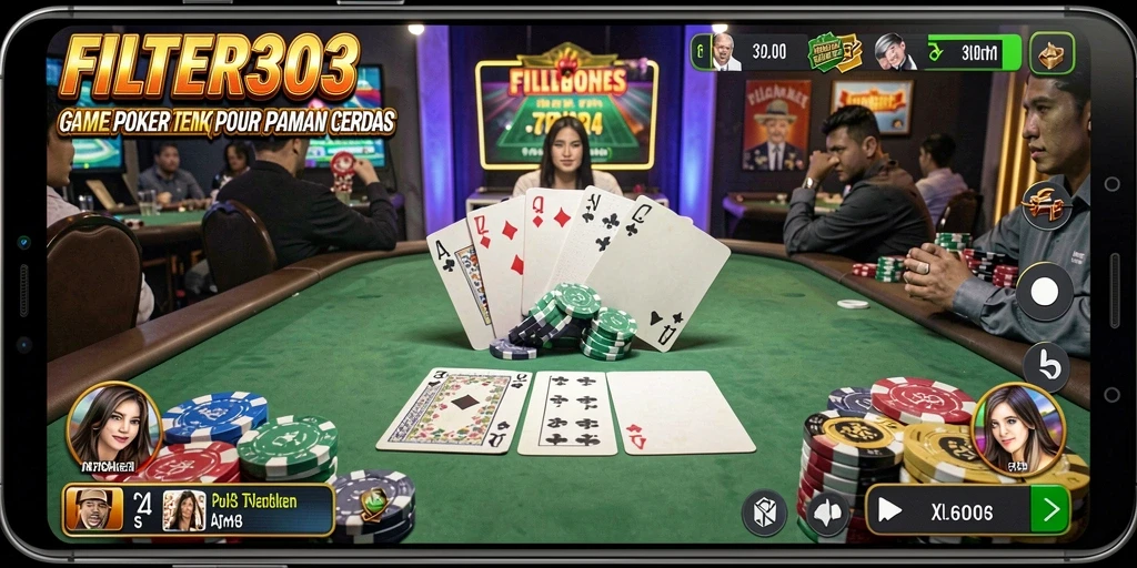 Tampilan screenshot utama FILTER303 menunjukkan aksi seru permainan Poker.