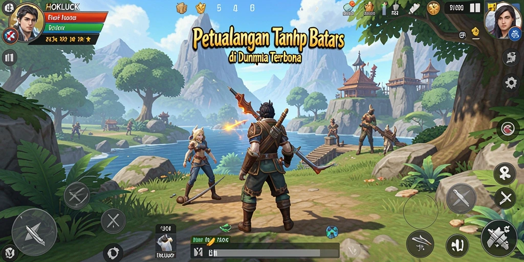 Screenshot menunjukkan pemain menjelajahi hutan lebat di HOKILUCK.