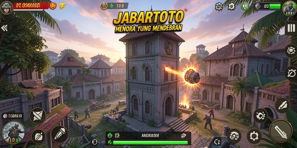 Screenshot gameplay JABARTOTO dengan menara yang melindungi wilayah dari serangan musuh.