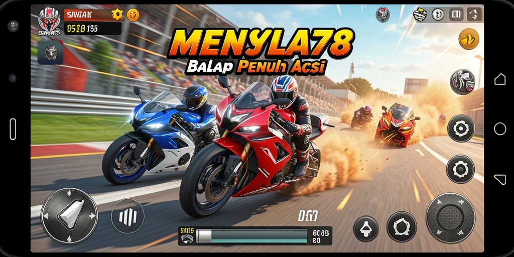 Tampilan gameplay seru dalam MENYALA78 dengan balapan motor cepat.