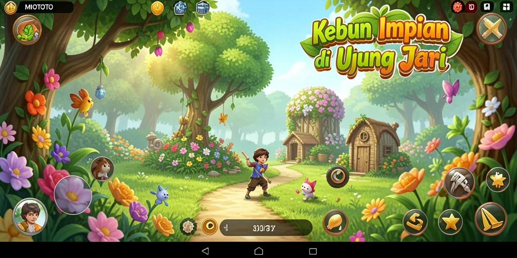 Screenshot gameplay MIOTOTO menampilkan kebun yang indah dan hewan ternak.