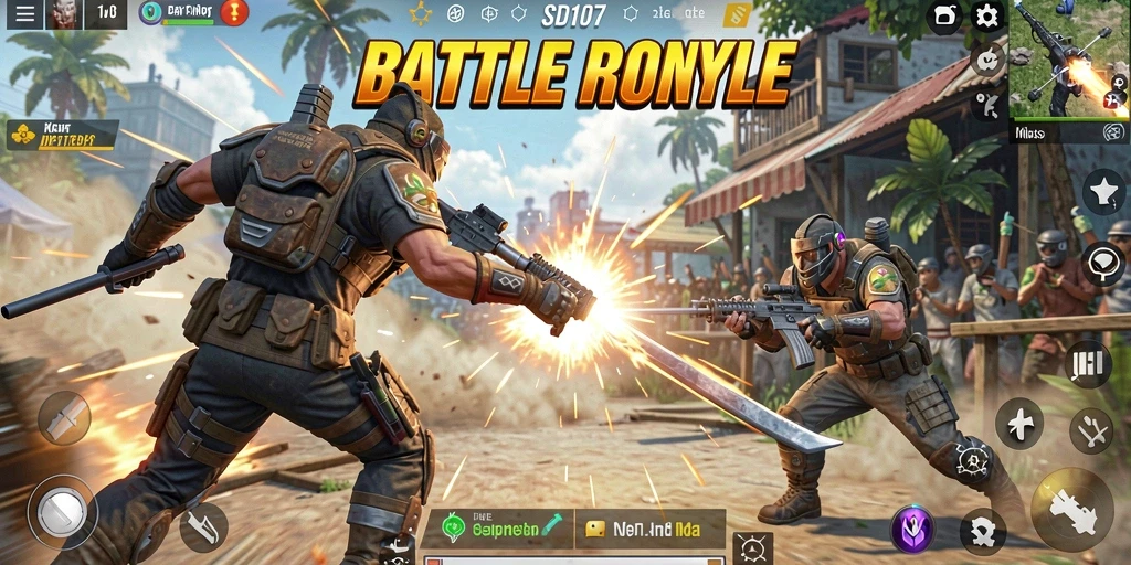 Screenshot gameplay SD107 menampilkan pertarungan seru di arena Battle Royale.