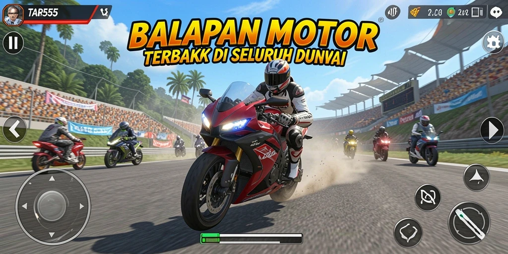 Screenshot utama TAR555 menampilkan aksi balapan motor yang mendebarkan.