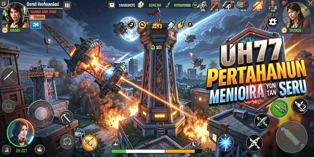Tampilan gameplay UH77 dalam pertahanan menara yang seru.